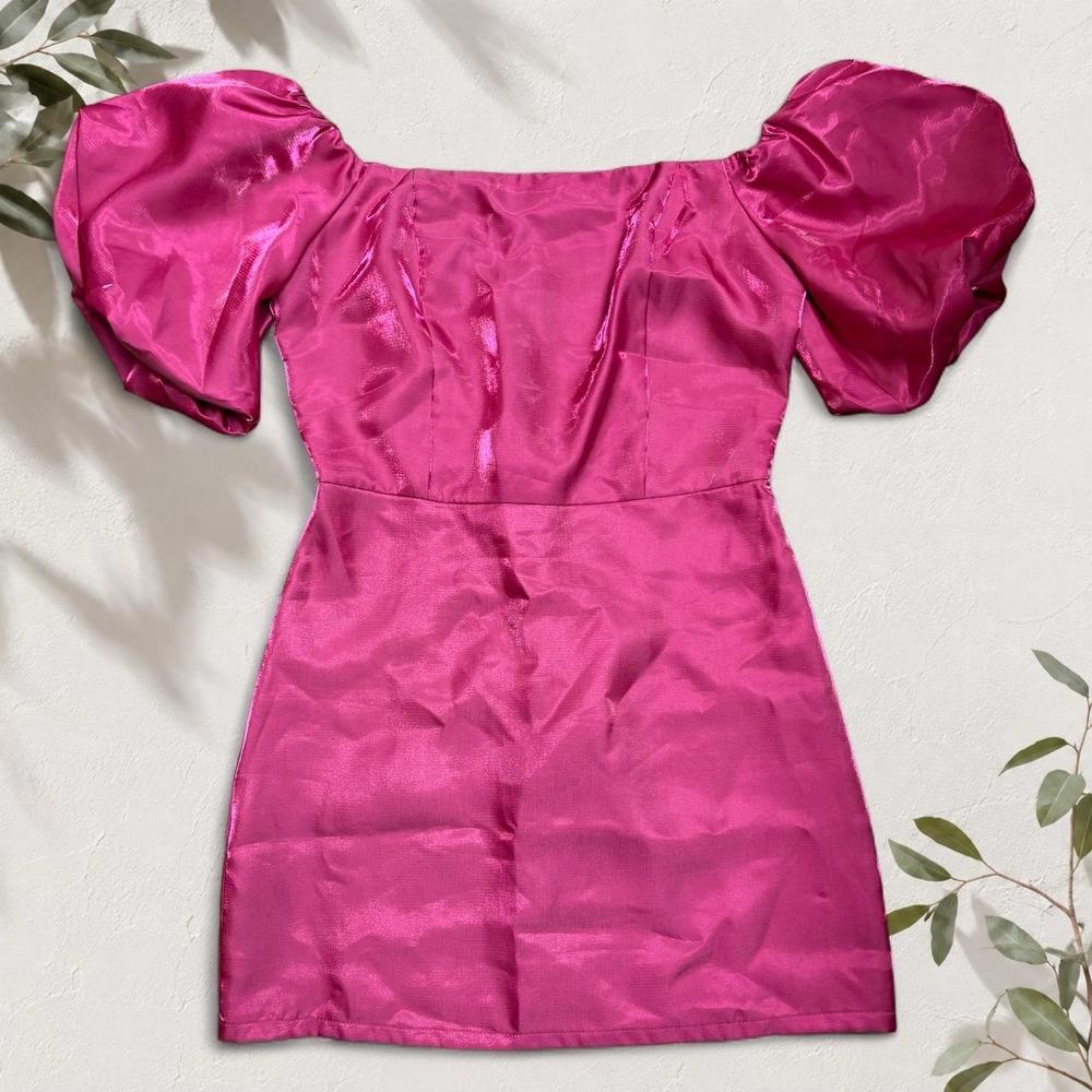 Flying Tomato Pink Satin Puff Sleeve Mini Dress Size M Coquette Glam Party